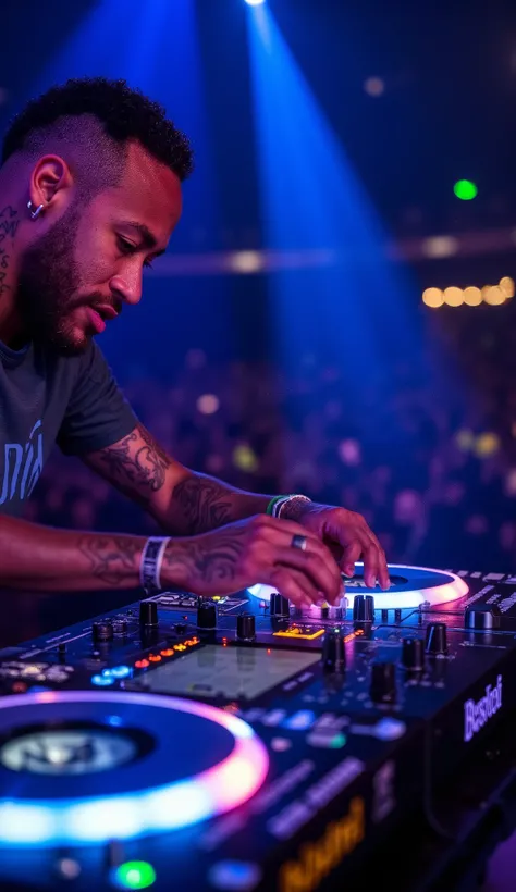 The final perspective puts us in Neymar's world, looking down at his hands as they perform their magic. His neon-ringed fingers dance across the equipment with balletic precision - scratching the vinyl simulator, finger-drumming on the pads, and tweaking e...