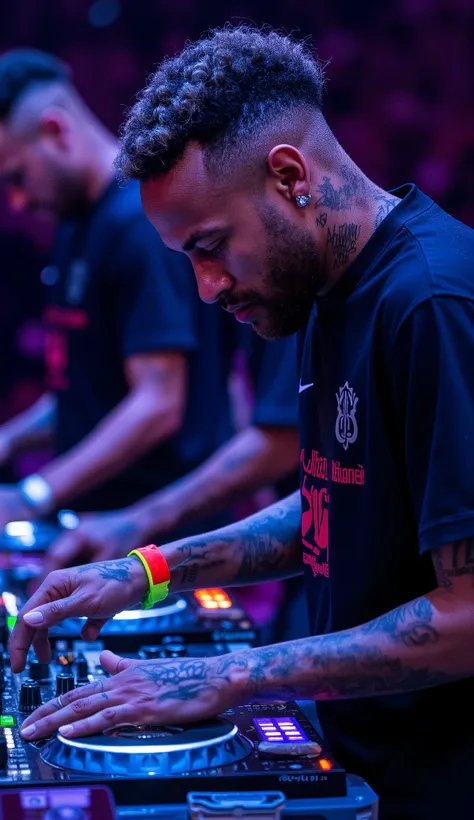 The final perspective puts us in Neymar's world, looking down at his hands as they perform their magic. His neon-ringed fingers dance across the equipment with balletic precision - scratching the vinyl simulator, finger-drumming on the pads, and tweaking e...