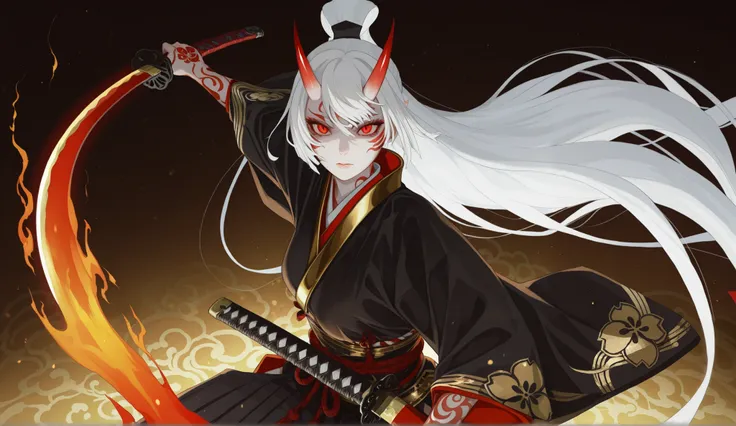 an elegant female samurai warrior oni , long flowing white hair,  with glowing red eyes, traditional Japanese warrior's red and black kimono outfit intricate with gold detailing, holding a katana with a fiery glow, confident pose with one hand raised, myst...