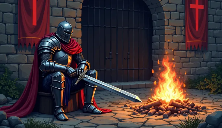 A medieval knight in full plate armor sits by a crackling bonfire, deep in thought. His helmet obscures his face, and his gauntleted hands rest on the hilt of his large, ornate sword, its blade reflecting the firelight. A deep red cape drapes over his shou...