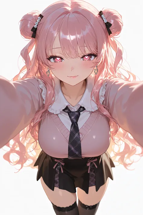 (Masterpiece, top quality ) beautiful male, solo, jirai kei fashion, thigh-high socks, long wavy hair, double bun, pink hair with white ends, pink eyes, Heart eyes,Long lashes,large breasts, necktie, hoop Pierced earrings, glossy lips, cardigan, blush, f...