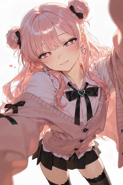 (Masterpiece, top quality ) beautiful male, solo, jirai kei fashion, thigh-high socks, long wavy hair, double bun, pink hair with white ends, pink eyes, Heart eyes,Long lashes, necktie, hoop Pierced earrings, glossy lips, cardigan, blush, flawless smooth...