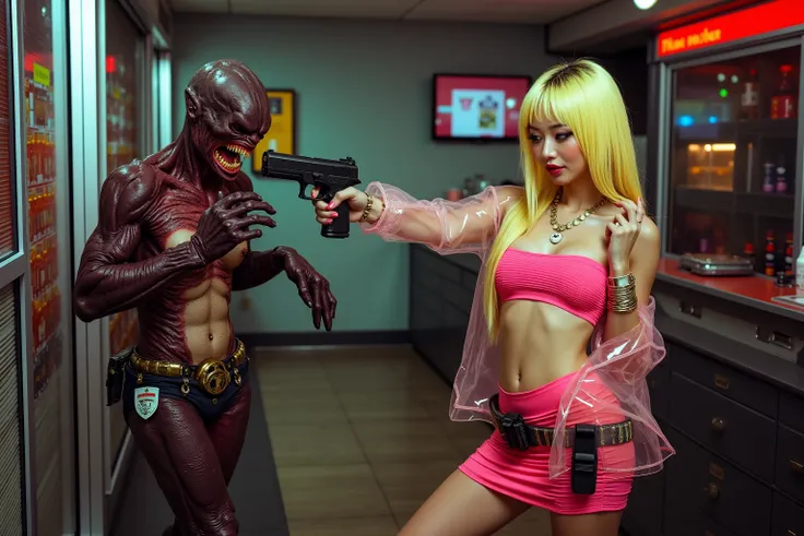 Secret agent Neon (cute, neon trimmed outfit miniskirt tube top translucent jacket and translucent boots, utility belt with badge display and gadgets, bright two tone hair, matching club makeup, high tech jewelry), she has a future pistol in her hand and s...