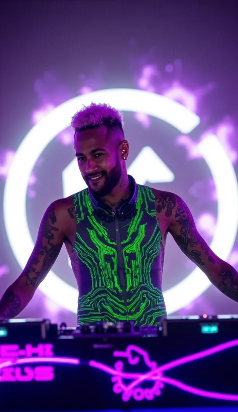 Neymar Jr. commands the Tomorrowland mainstage in a dazzling cyberpunk-inspired ensemble, his form-fitting bodysuit woven with pulsating neon-green and violet LED circuits that react to every bass drop. The Brazilian superstar stands confidently behind his...