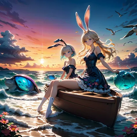 Rabbit girl sitting in a boat on the water, innocent expression,Little rabbit beside a girl,Long white hair and hairy rabbit ears, Rabbit ears are inspired by entangling leaf tips,Softly drawn fur, Cute dress with lots of frills and lace,The color is whit...