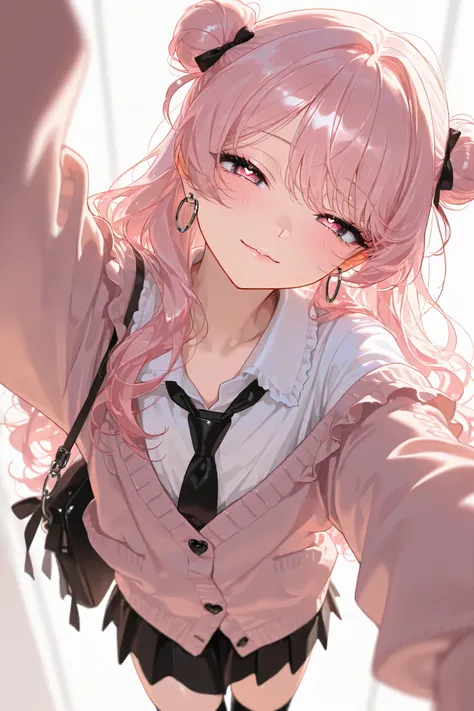 (Masterpiece, top quality ) beautiful male, solo, jirai kei fashion, thigh-high socks, long wavy hair, double bun, pink hair with white ends, pink eyes, Heart eyes,Long lashes, necktie, hoop Pierced earrings, glossy lips, cardigan, blush, flawless smooth...