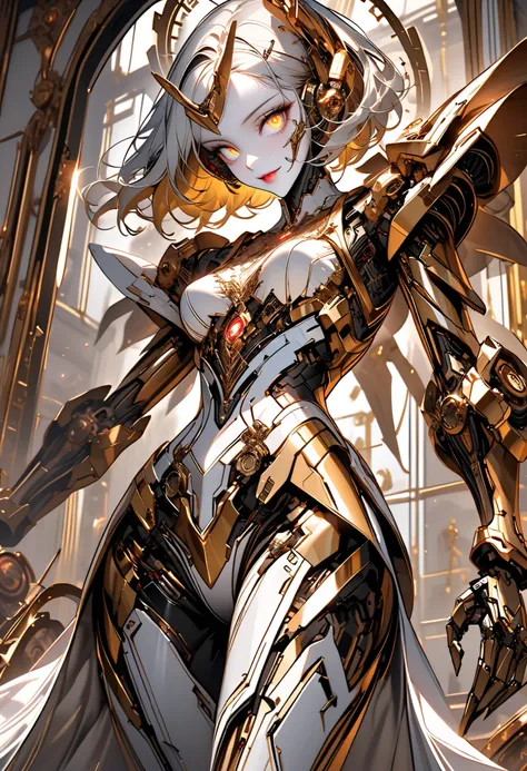 solo:1.4, female clockwork automaton, steel, brass, refined, gold accents, tall female, slender, agile, deep-set eyes, glowing eyes, golden eyes, lips, silver hair, gold hair, two-tone hair, simple metal headband, robot, exhibition, luxurious, mansion, ind...