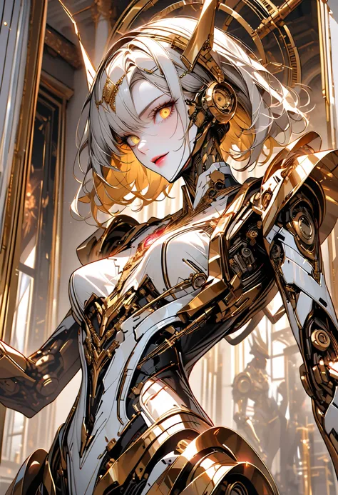 solo:1.4, female clockwork automaton, steel, brass, refined, gold accents, tall female, slender, agile, deep-set eyes, glowing eyes, golden eyes, lips, silver hair, gold hair, two-tone hair, simple metal headband, robot, exhibition, luxurious, mansion, ind...