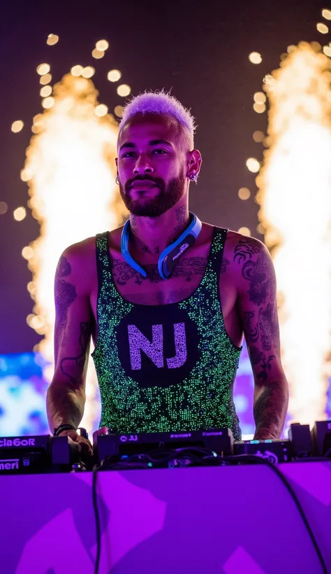 Neymar Jr. commands the Tomorrowland mainstage in a dazzling cyberpunk-inspired ensemble, his form-fitting bodysuit woven with pulsating neon-green and violet LED circuits that react to every bass drop. The Brazilian superstar stands confidently behind his...