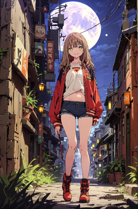  yume minami, long hair, brown hair, green eyes, bungs,smile,cover, grin ,Half Up Do Medium Breast,Riders Jacket, white tank top,belly button stick,under boob,Denim Micro Shorts,Bare legs,boots,Nōn,night,moon,is standing,full bodyがillustrationに入るように，break ...