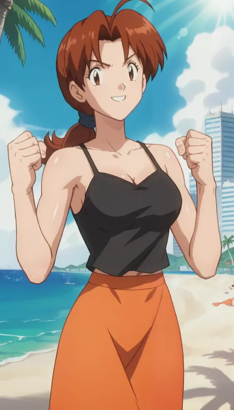 score_9, score_8_up, score_7_up, score_6_up, anime screencap, anime coloring, PMDeliaK, 1girl, solo, brown hair, ponytail, ahoge, long hair, parted bangs, brown eyes, hair tie, (soft biceps:0.5), medium breasts
black camisole, orange skirt, long skirt, 
sm...