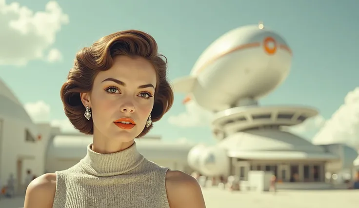 A young woman, light-skinned and appearing to be in her late s or early twenties, is the central subject. She is positioned slightly off-center to the left of the image. She is looking directly at the viewer. Her expression is composed and serene, almost...