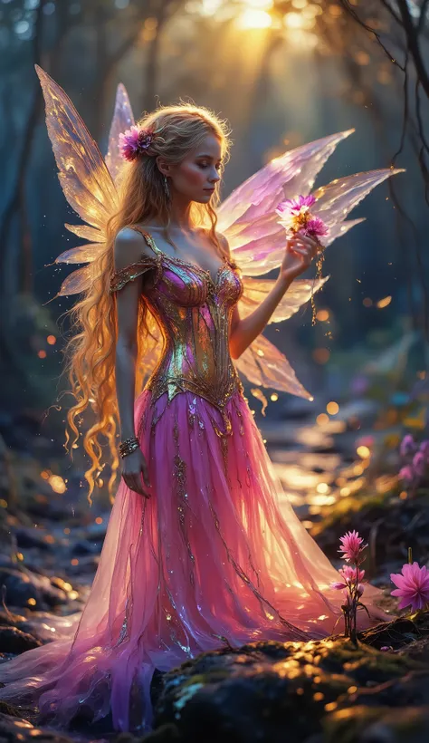 ((masterpiece)) ((photography)) ((Highest quality)) A beautiful blonde fairy with long, flowing golden hair, dressed in an elegant pink gown with delicate, shimmering textures. Her large, translucent pink wings glow softly, reflecting the ethereal light f...