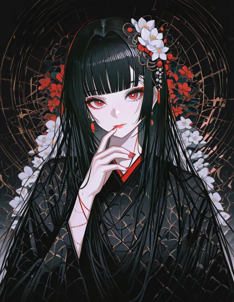 masterpiece, best quality, absurdres, kafka02_illu, abstract, 1girl, solo, red eyes, long hair, red nails, bangs, nail polish, black hair, looking at viewer, flower, hair ornament, blunt bangs, upper body, hair flower
