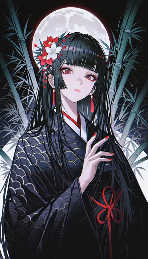masterpiece, best quality, absurdres, kafka02_illu, abstract, 1girl, solo, red eyes, long hair, red nails, bangs, nail polish, black hair, looking at viewer, flower hair ornament, blunt bangs, upper body, bamboo, beautiful moon in the background
