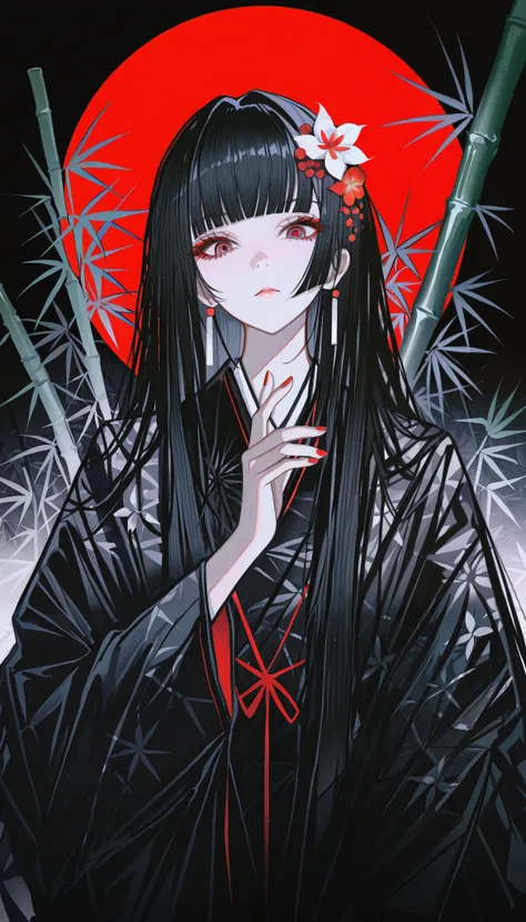 masterpiece, best quality, absurdres, kafka02_illu, abstract, 1girl, solo, red eyes, long hair, red nails, bangs, nail polish, black hair, looking at viewer, flower hair ornament, blunt bangs, upper body, bamboo, beautiful moon in the background