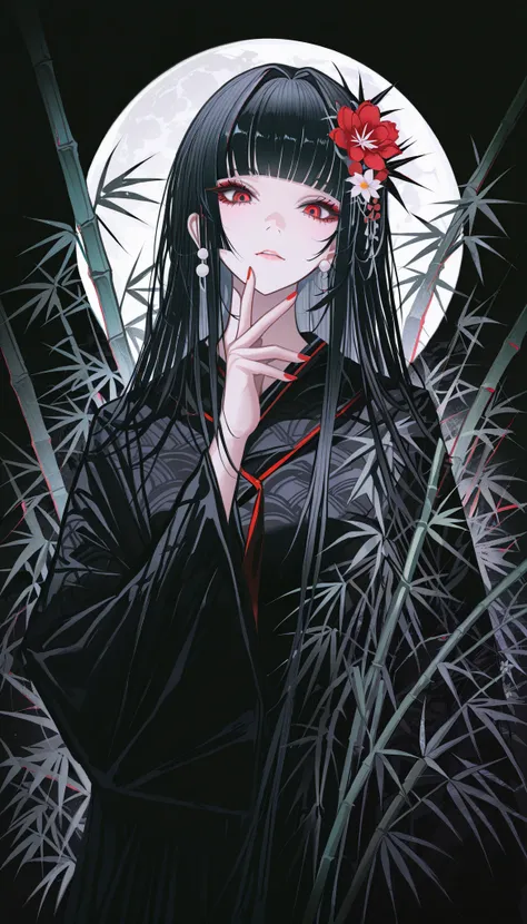 masterpiece, best quality, absurdres, kafka02_illu, abstract, 1girl, solo, red eyes, long hair, red nails, bangs, nail polish, black hair, looking at viewer, flower hair ornament, blunt bangs, upper body, bamboo, beautiful moon in the background