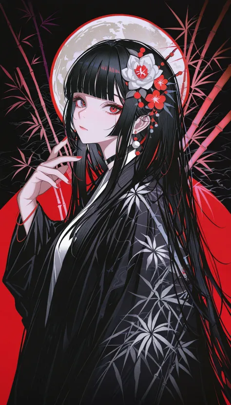 masterpiece, best quality, absurdres, kafka02_illu, abstract, 1girl, solo, red eyes, long hair, red nails, bangs, nail polish, black hair, looking at viewer, flower hair ornament, blunt bangs, upper body, bamboo, beautiful moon in the background