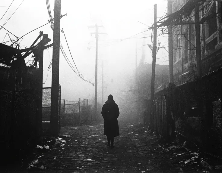 Cinematic black and white photography, eye-level view of a desolate, fog-covered cobblestone street lined with a damaged chain-link fence, some sections bent and broken. Tall, weathered streetlights and tangled power lines disappear into the misty backgrou...