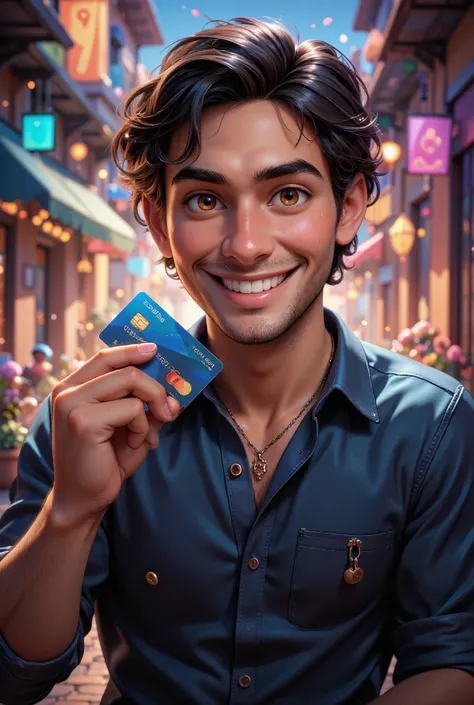 Make a Disney Pixar-style 3D poster of a man holding and showing a credit card wearing a deep blue shirt