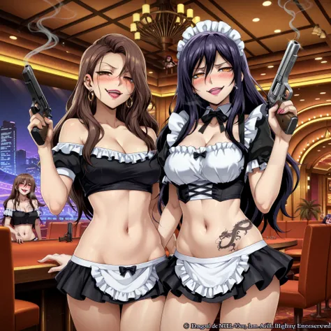 2girls, two girls, mature female,long hair,, anime coloring, medium breasts,anime coloring,
, ear piercing, long hair, blush, lipstick,Hot girl, baddie, smoking, sensual, attractive ,, bar background, inside bar,indoors, cityscape, casino, nightclub, city ...