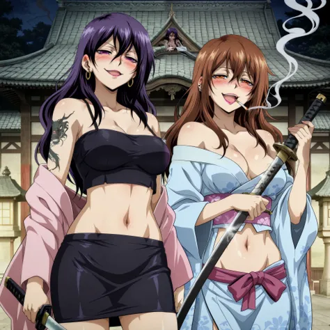 2girls, two girls, mature female,long hair,, anime coloring, medium large breasts,anime coloring,
, ear piercing, long hair, blush, lipstick,Hot girl, baddie, smoking, sensual, attractive ,,masterpiece, best quality, highly detailed, a anime girl in kimono...