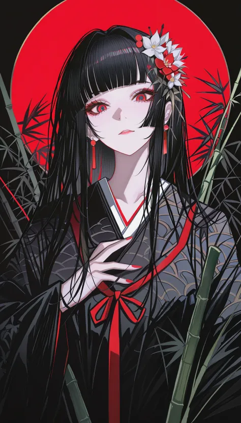 masterpiece, best quality, absurdres, kafka02_illu, abstract, 1girl, solo, red eyes, long hair, red nails, bangs, nail polish, black hair, looking at viewer, flower hair ornament, blunt bangs, upper body, bamboo in back, beautiful moon in the background