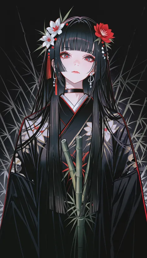 masterpiece, best quality, absurdres, kafka02_illu, abstract, 1girl, solo, red eyes, long hair, red nails, bangs, nail polish, black hair, looking at viewer, flower hair ornament, blunt bangs, upper body, bamboo in back, beautiful moon in the background