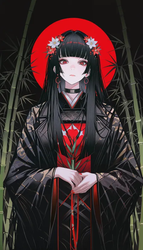 masterpiece, best quality, absurdres, kafka02_illu, abstract, 1girl, solo, red eyes, long hair, red nails, bangs, nail polish, black hair, looking at viewer, flower hair ornament, blunt bangs, upper body, bamboo in back, beautiful moon in the background