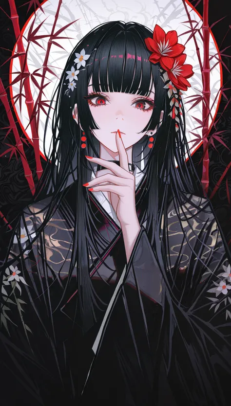 masterpiece, best quality, absurdres, kafka02_illu, abstract, 1girl, solo, red eyes, long hair, red nails, bangs, nail polish, black hair, looking at viewer, flower hair ornament, blunt bangs, upper body, bamboo in back, beautiful moon in the background