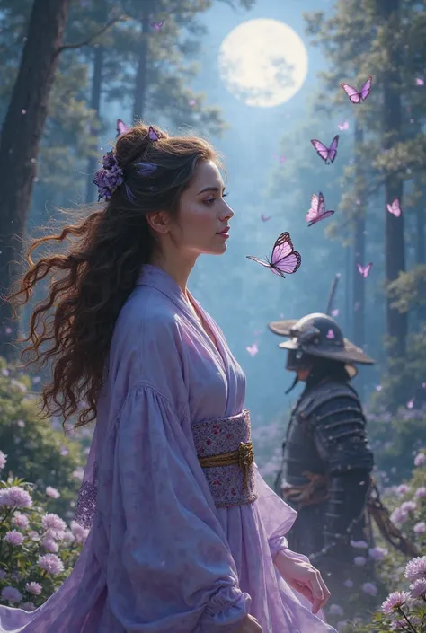 Belle métisse brune aux cheveux ondulés en kimono mauve avec un samouraï dans une envolée de papillons dans une grande forêt éclairée par la lune