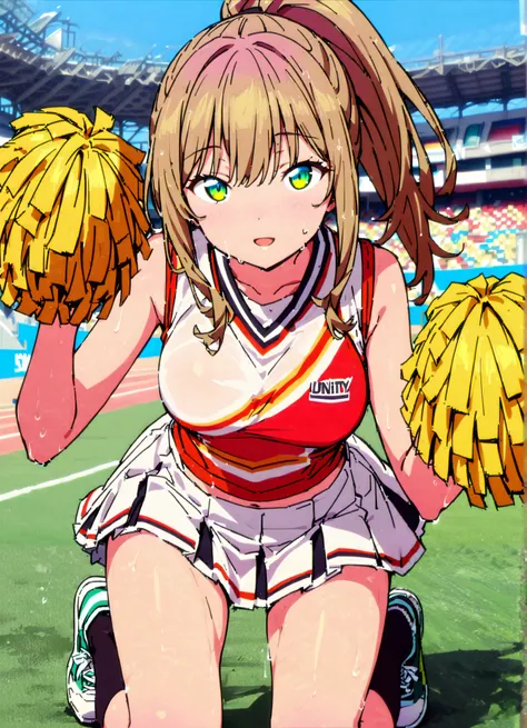  score_9, score_8_up, score_7_up, source_anime,yume minami, long hair, brown hair, green eyes, bungs,smile,cover,open your mouth,ponytail from Yubi's point of view, Glowing Skin,Medium breast,(cheerleading), (full body),  on chest, (made me sweat), made me...