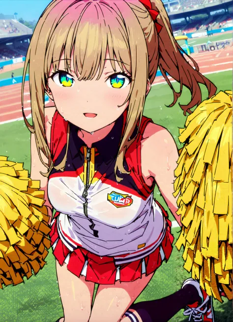  score_9, score_8_up, score_7_up, source_anime,yume minami, long hair, brown hair, green eyes, bungs,smile,cover,open your mouth,ponytail from Yubi's point of view, Glowing Skin,Medium breast,(cheerleading), (full body),  on chest, (made me sweat), made me...