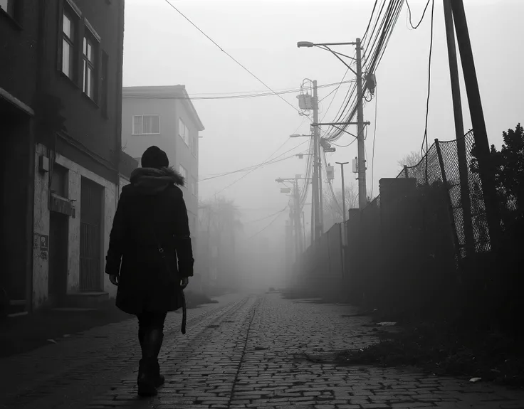 Cinematic black and white photography, eye-level view of a desolate, fog-covered cobblestone street lined with a damaged chain-link fence, some sections bent and broken. Tall, weathered streetlights and tangled power lines disappear into the misty backgrou...