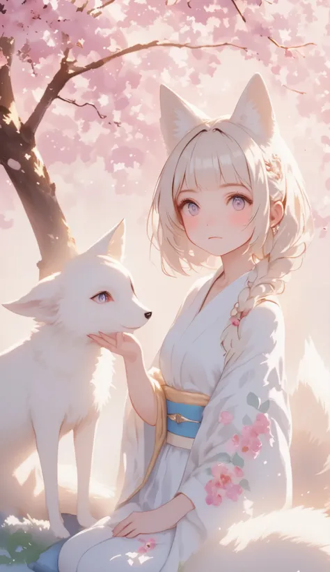 (((two-shot photo of the white fox and the cherry blossom goddess:1.5))), A fantastical cherry blossom landscape,An overall light pink world, very cute girl goddess, Cherry-colored eyes, Cherry-colored hair, Pure White Kimono :1.5, French braid, no expres...