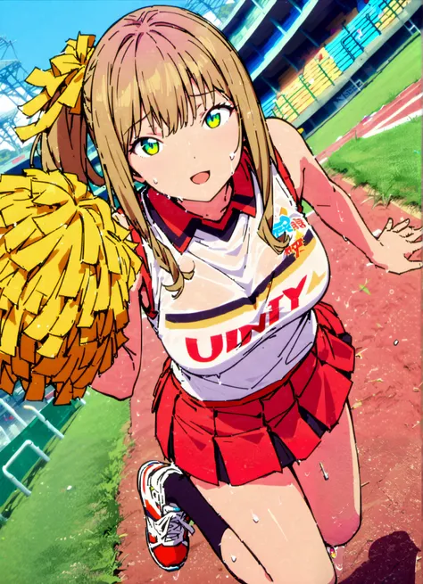  score_9, score_8_up, score_7_up, source_anime,yume minami, long hair, brown hair, green eyes, bungs,smile,cover,open your mouth,ponytail from Yubi's point of view, Glowing Skin,Medium breast,(cheerleading), (full body),  on chest, (made me sweat), made me...