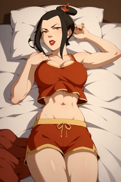 Azula from the avatar would be , gold-colored eyes, red lipstick,  beautiful and sexy body , pronounced bust, big breasts, in erotic and sensual pajamas , with erotic shorts, tight and short shorts, sexy legs, Thin woman, front approach, lying on a bed, Le...