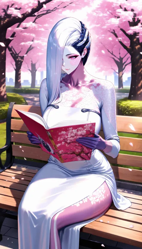A woman with a perfect body, Wearing a white dress, In a park full of cherry blossom trees, Sitting on a bench, Reading a book UHD, masterpiece, anatomically correct, textured skin, super detail, best quality, highres, 16k, 1080P