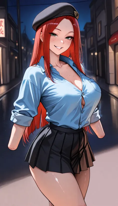 beautiful armless amputee girl dressed in blue shirt with rolled sleeves and skirt walking on the night street, girl, cute, sassy, grin, green eyes, (freckles), redhead, ((long straight red hair)), (black beret), ((light blue button down shirt)), (((rolled...
