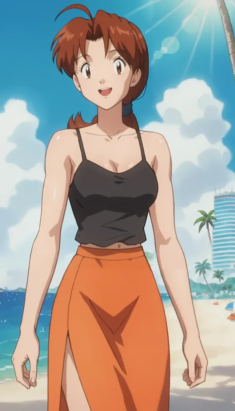 score_9, score_8_up, score_7_up, score_6_up, anime screencap, anime coloring, PMDeliaK, 1girl, solo, brown hair, ponytail, ahoge, long hair, parted bangs, brown eyes, hair tie, (soft biceps:0.5), medium breasts
black camisole, orange skirt, long skirt, 
sm...