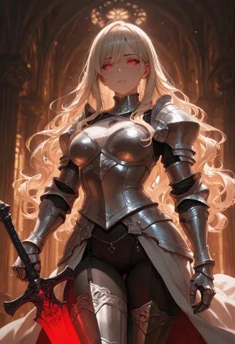 ((solo)), amazing masterpiece, top quality, high fashion, absurdres extremely, HDR, intricate details, vivid colors, cool female, The face of a peerless beauty, long hair, wavy hair, glowing red eyes, Female knight costume, gauntlet, glowing huge sword, A ...