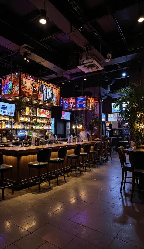 Realistic photo of a bar with modern decorations at night, real photography, overexposed, underexposed
