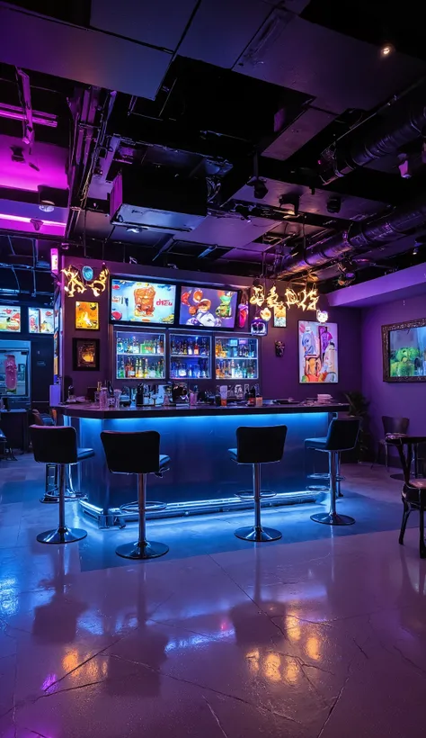 Realistic photo of a bar with modern futurisric decorations at night, real photography