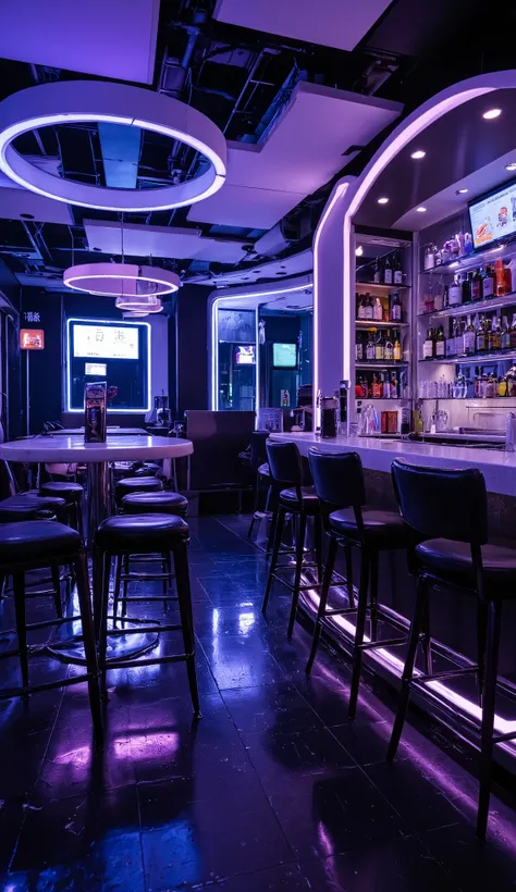 Realistic photo of a bar with modern futuristic decorations at night, real photography