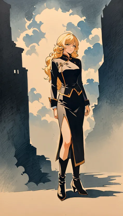 vintage movie, woman, mature, wavy blonde hair, woman body, black top, black bodycon skirt, black boots, dark room, Silhouette of clouds, traditional media, Contemplative. yang xiao long from rwby, dutche angle