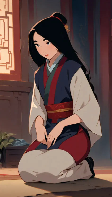 Hua Mulan,Show female shy,19 years old, like a porcelain doll, fine features, delicate,Black and red color scheme,poster,iconic disney characters。shonen style, anime style, straight hair, big hair, ((long hair)) ,japanese young woman warrior, black hair, t...
