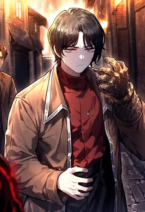 1male, black hair , (project moon\), brown eyes, shirt , red shirt , short hair , angry expression, solo focus , long sleeves, outside, closed mouth , brown coat , backstreets, scale hand, brown hand