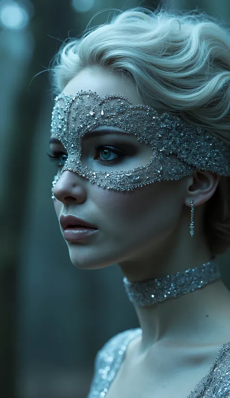 Hyper-realistic photographic style. Like Ice Woman Mortal Kombat. close-up do rosto. Extremely realistic white mask and silver metallic details mask closed in the mouth. flawless skin texture. Bottom: dense forest, Greg Rutkowski style . dramatic lightin...
