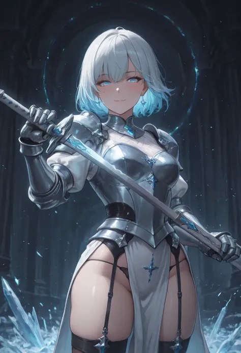 ((solo)), amazing masterpiece, top quality, high fashion, absurdres extremely, HDR, intricate details, vivid colors, cool female, The face of a peerless beauty, short hair, shaggy hair, wolf cut hair, white hair, blue hair, gradation hair, glowing blue eye...