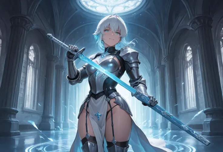 ((solo)), amazing masterpiece, top quality, high fashion, absurdres extremely, HDR, intricate details, vivid colors, cool female, The face of a peerless beauty, short hair, shaggy hair, wolf cut hair, white hair, blue hair, gradation hair, glowing blue eye...